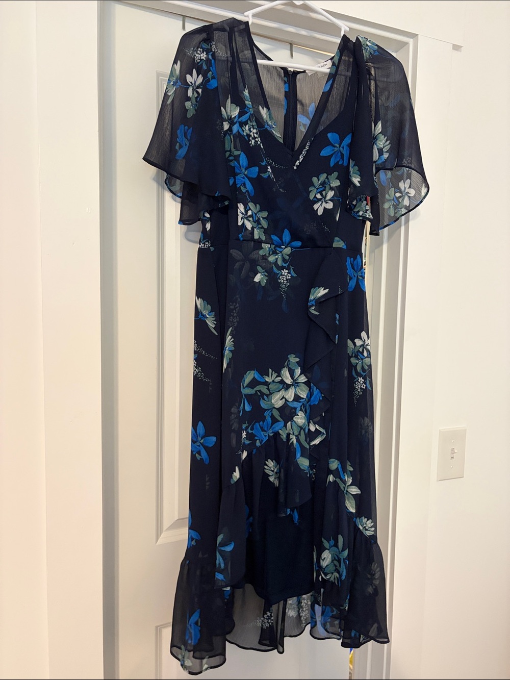 Calvin Klein Navy Blue Floral V-Neck Ruffle high low Dress